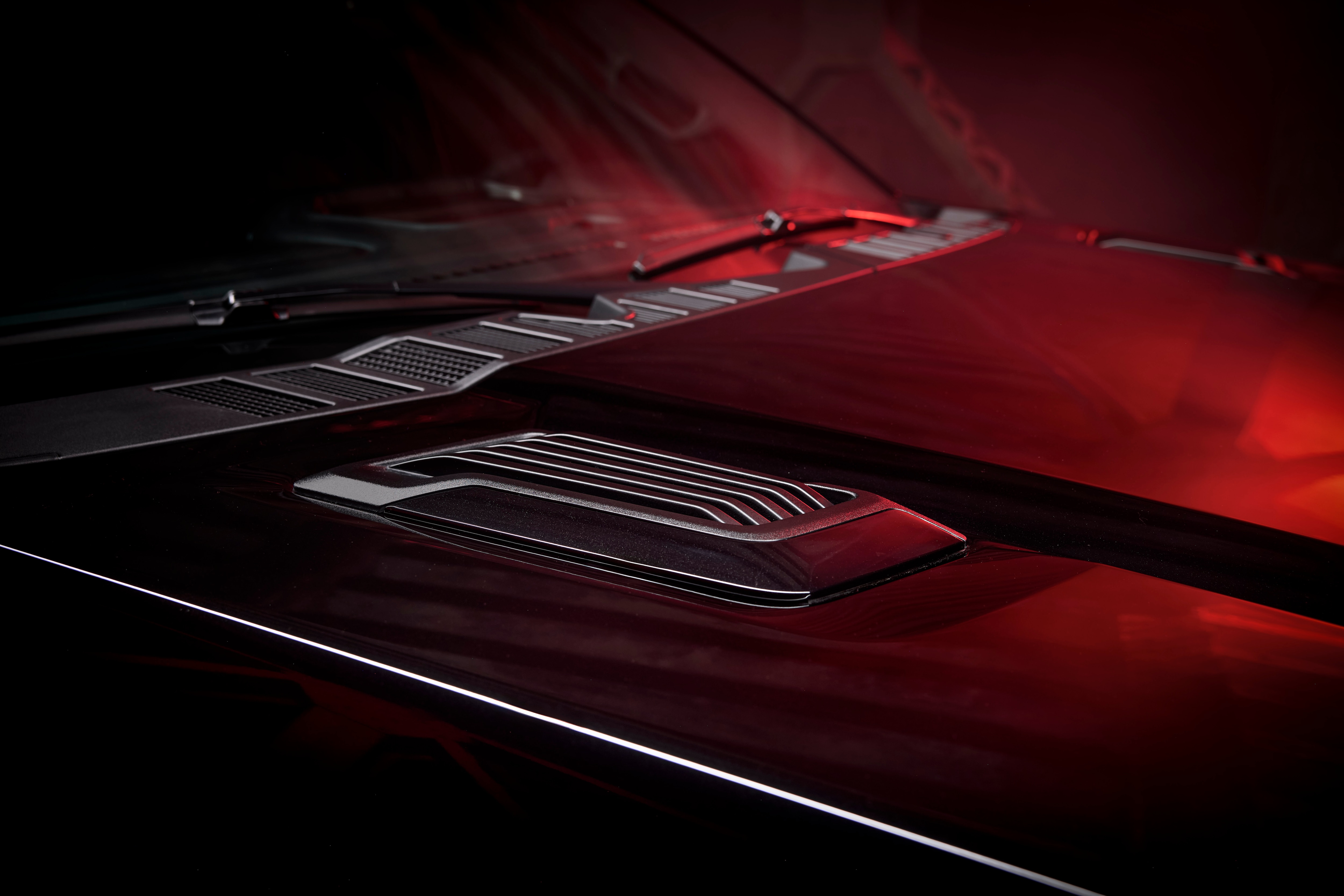 Detail shot of Ford F-150 Lobo hood.